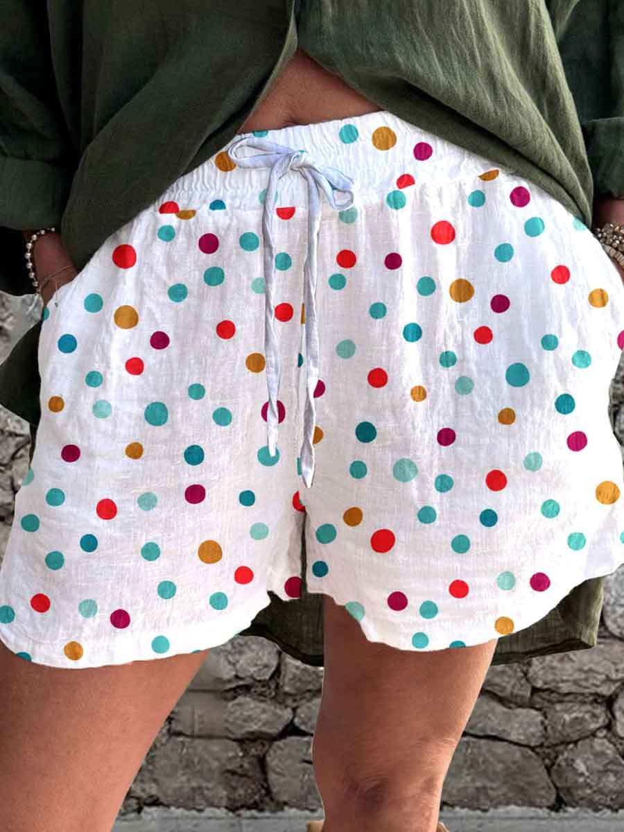 Women's Summer Polka Dot Printed Linen Strappy Shorts