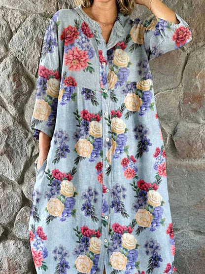 Women's Elegant  Rose Floral Pattern Shirt Style Cotton and Linen Dress