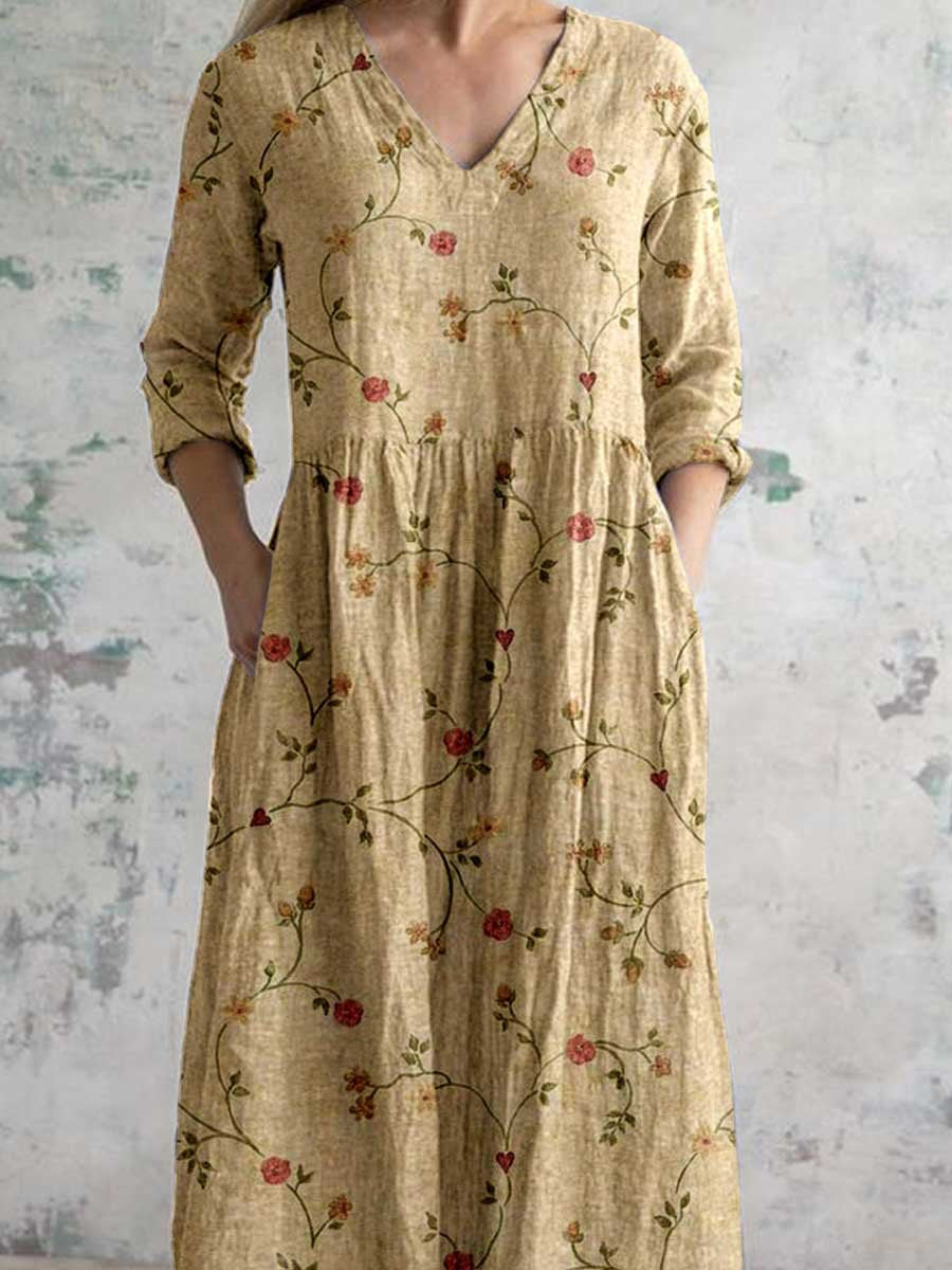 Women's V-neck Elegant Simple Floral Pattern Cotton And Linen Dress With Pockets
