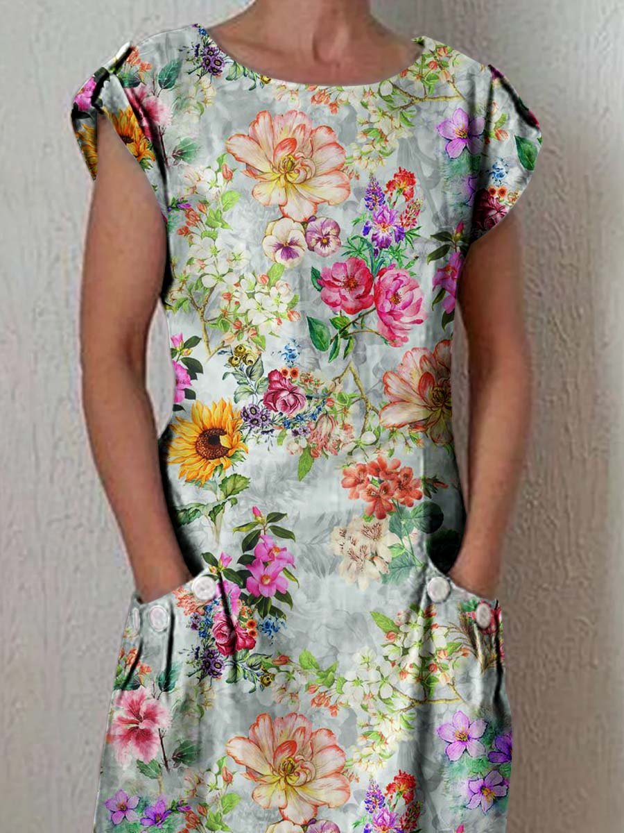 Women's Elegant Sunflower Floral Cotton and Linen Dress