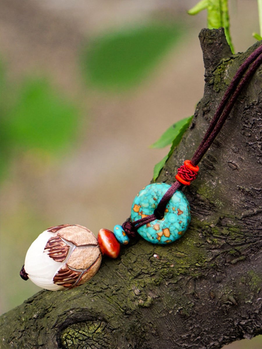 Ethnic Style Turquoise Bodhi Carved Necklace