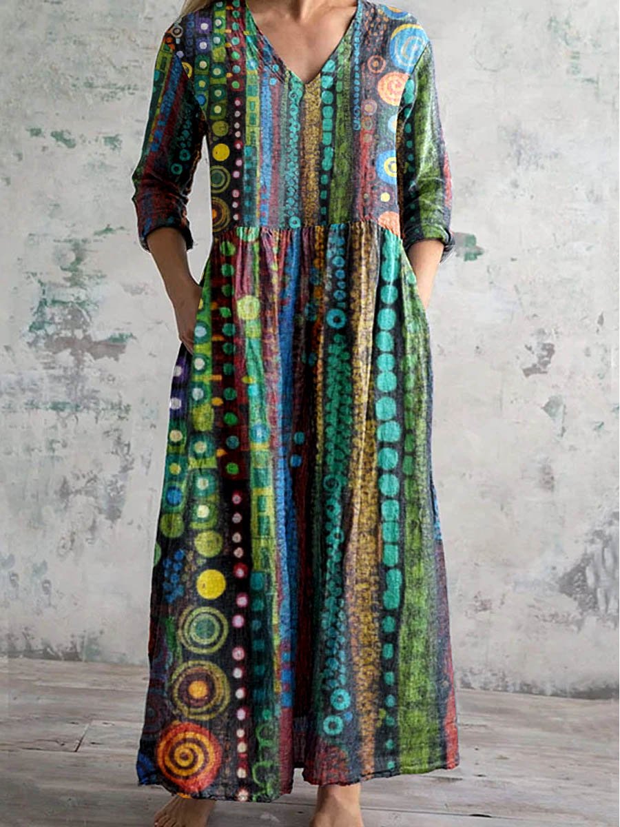 Women's Vintage Bohemian Pattern V Neck Dress with Pockets