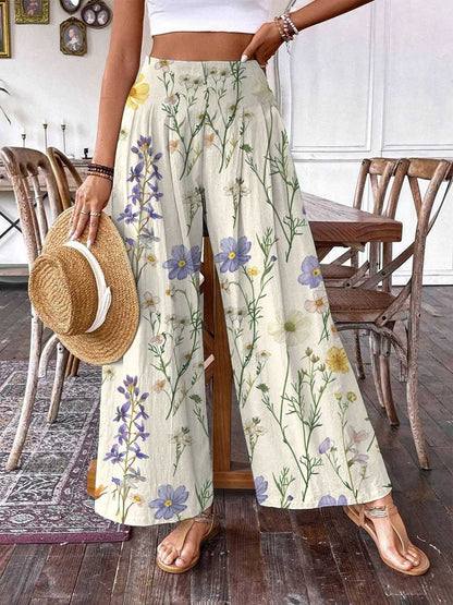 Women's Simple Elegant Floral Print Pattern Cotton Wide Leg Pants