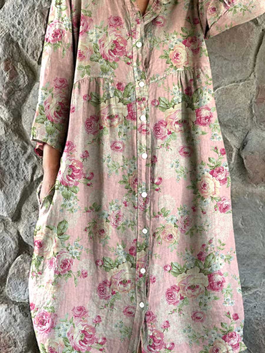 Women's Rose Floral Print Elegant Simple Shirt Cotton and Linen Dress