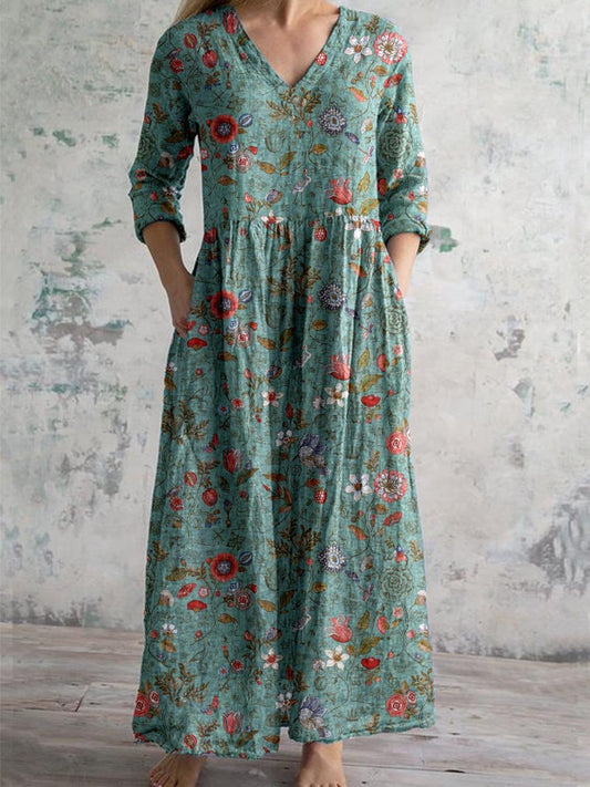 Women's Elegant Vintage Floral Pattern Cotton and Linen Dress with Pockets