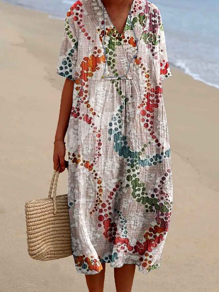 Women's Seaside Vacation Elegant Floral Pattern V-Neck Cotton and Linen Dress