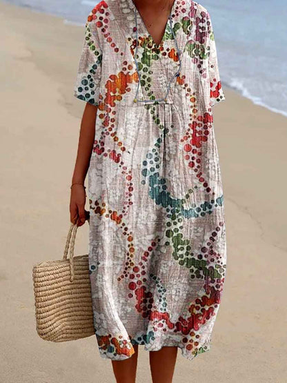 Women's Seaside Vacation Elegant Floral Pattern V-Neck Cotton and Linen Dress