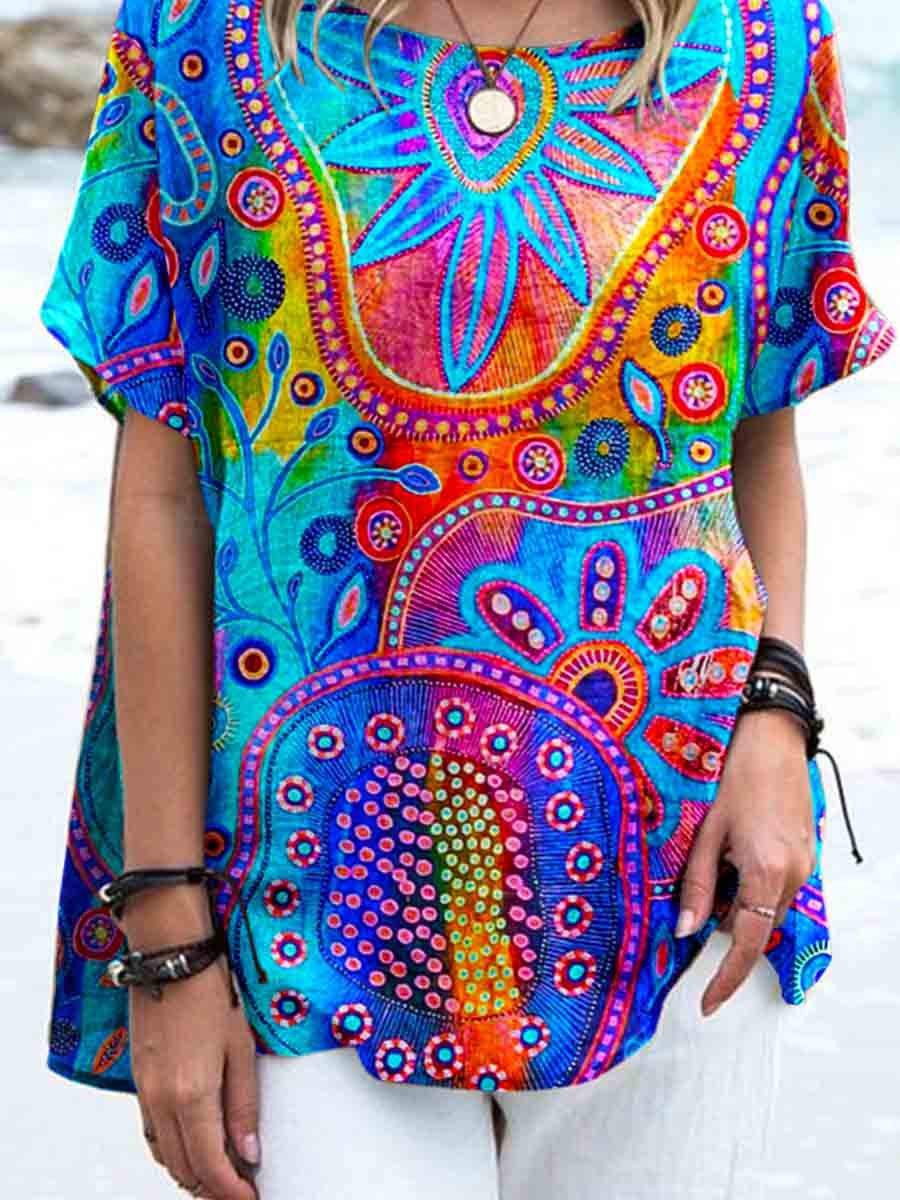 Women's Artistic Colorful Geometric Pattern Linen Top