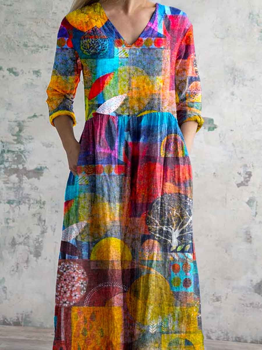 Women's V-neck Artistic Ccolorful Pattern Cotton And Linen Dress