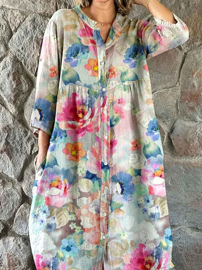 Women's Elegant Vintage  Floral Print Shirt Style Cotton and Linen Dress