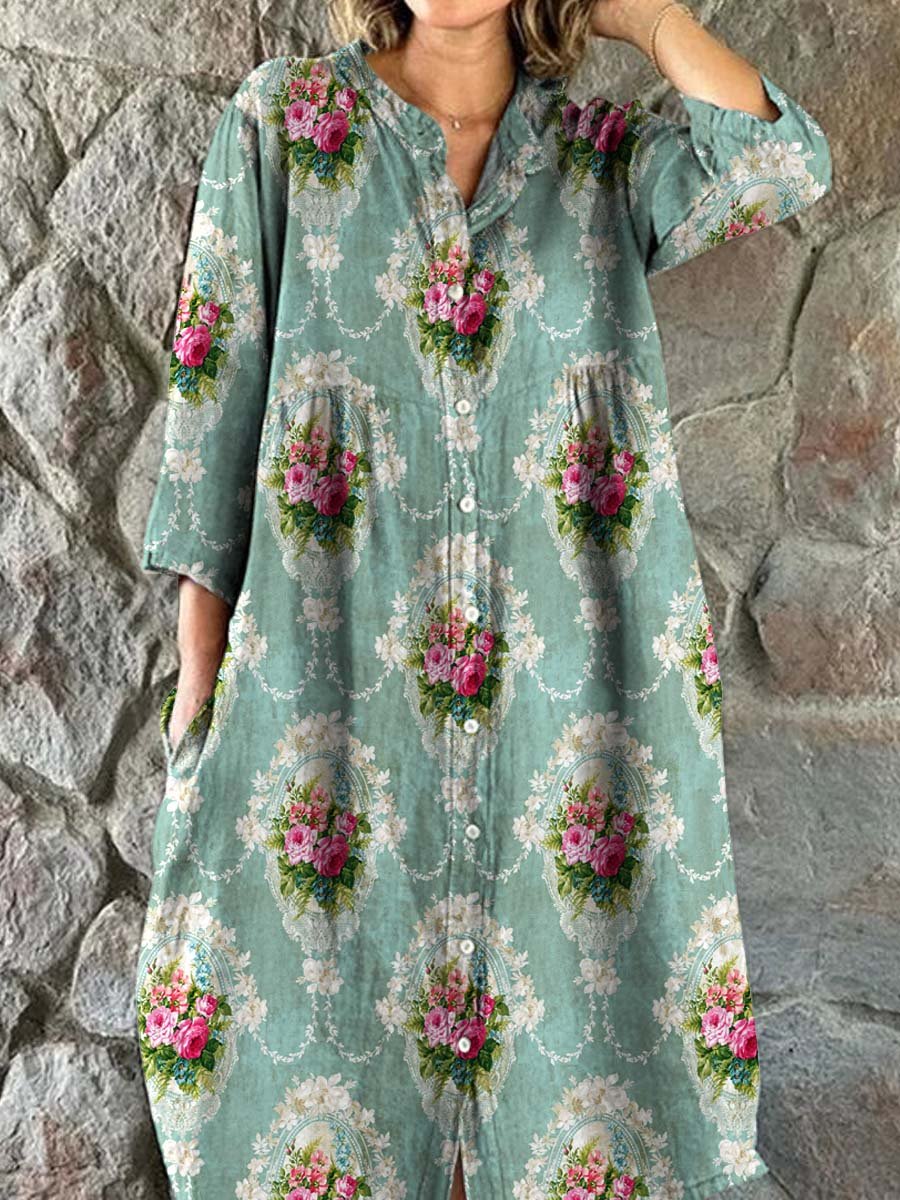 Women's  Roses Floral Art Print Elegant Simple  Cotton Shirt Dress