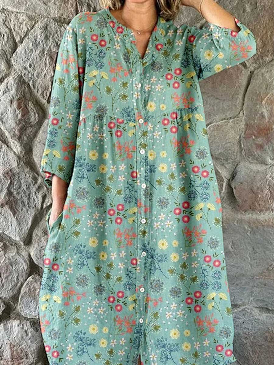 Women's Elegant Floral Shirt Style Cotton and Linen Dress