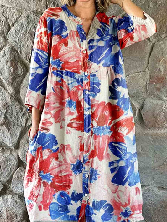 omen's Independence Day Tricolor Floral Pattern Shirt Style Cotton and Linen Dress