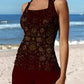 Deep Red Vintage Scatter Pattern Print Halter Patchwork Mid Waisted Tankini Short Set Swimsuit