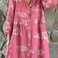 Women's Floral Sakura Print Cotton and Linen Shirt Dress