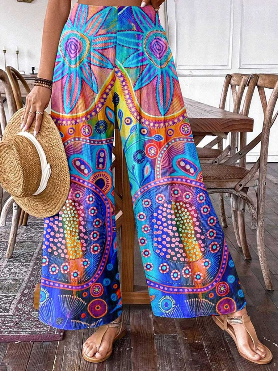 Women's Arty Bohemian Geometric Pattern Cotton Wide Leg Pants