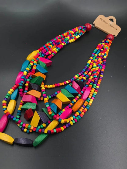 Wooden Multi-Layer Beaded Long Necklace Women's Bohemian African Style Necklace Sweater Chain