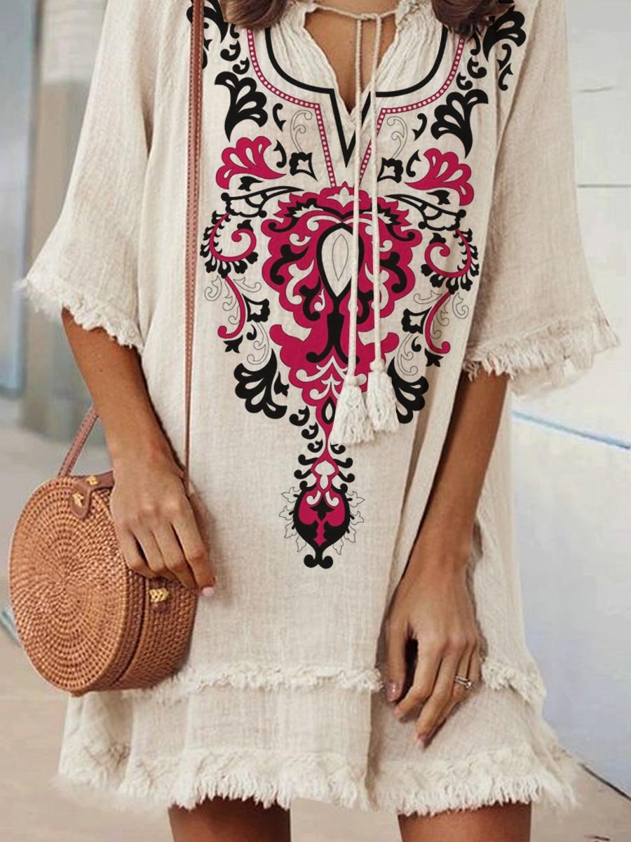 Women's Retro Bohemian Pattern Print V-Neck Strappy Raw Edge Cotton and Linen Dress