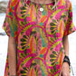 Women's Artistic Colorful Geometric Pattern Round Neck Cotton And Linen Top