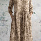 Women's Elegant Simple Embellished Floral Print V-Neck Cotton and Linen Dress with Pockets