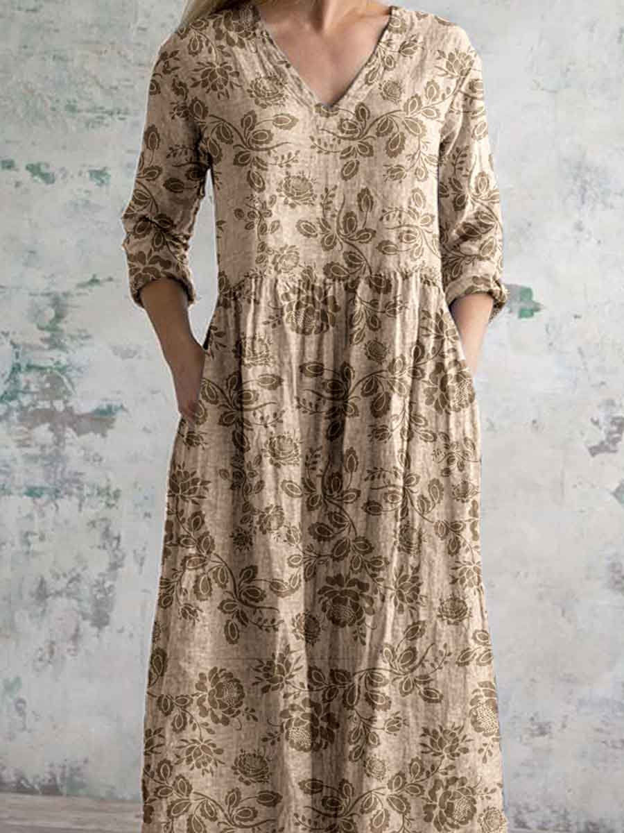 Women's Elegant Simple Embellished Floral Print V-Neck Cotton and Linen Dress with Pockets