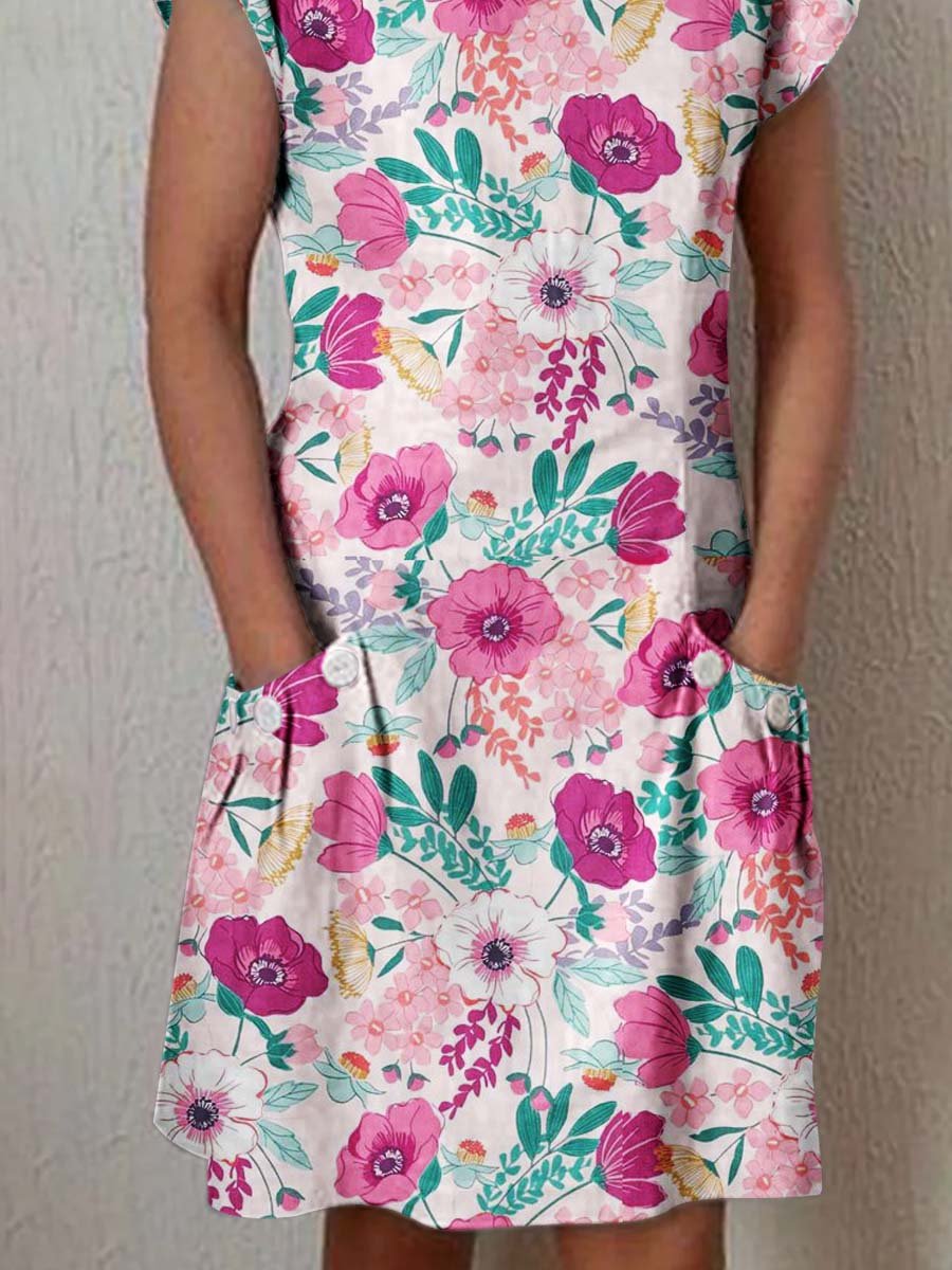 Women's Elegant Floral Pattern Round Neck Cotton and Linen Dress