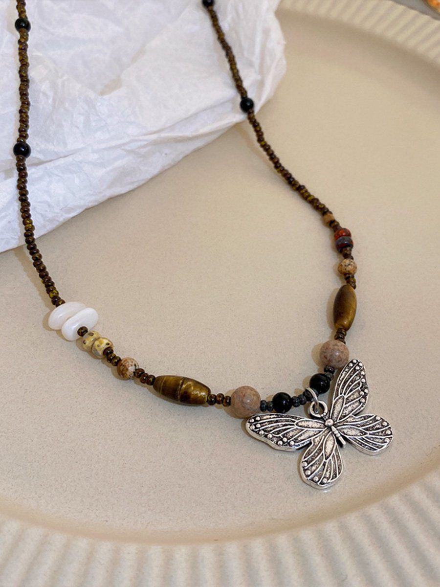 Vintage Gravel Rice Bead Butterfly Necklace