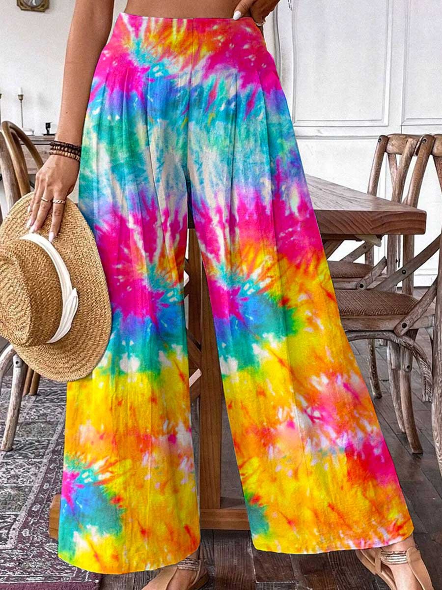 Women's Rainbow Tie Dye Print Graphic Cotton Wide Leg Pants