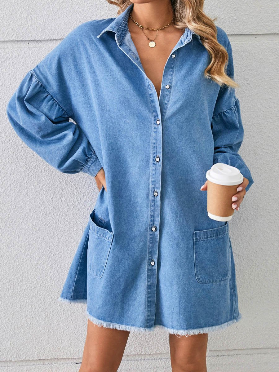 Women's Loose Denim Long Sleeve Raw Edge Dress