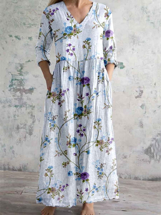 Women's Elegant Ink Painting Floral Pattern Cotton and Linen Dress with Pockets