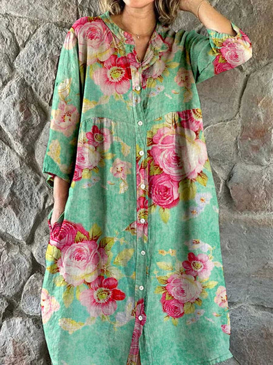 Women's Rose Floral Print Elegant Simple Shirt  Cotton and LinenDress