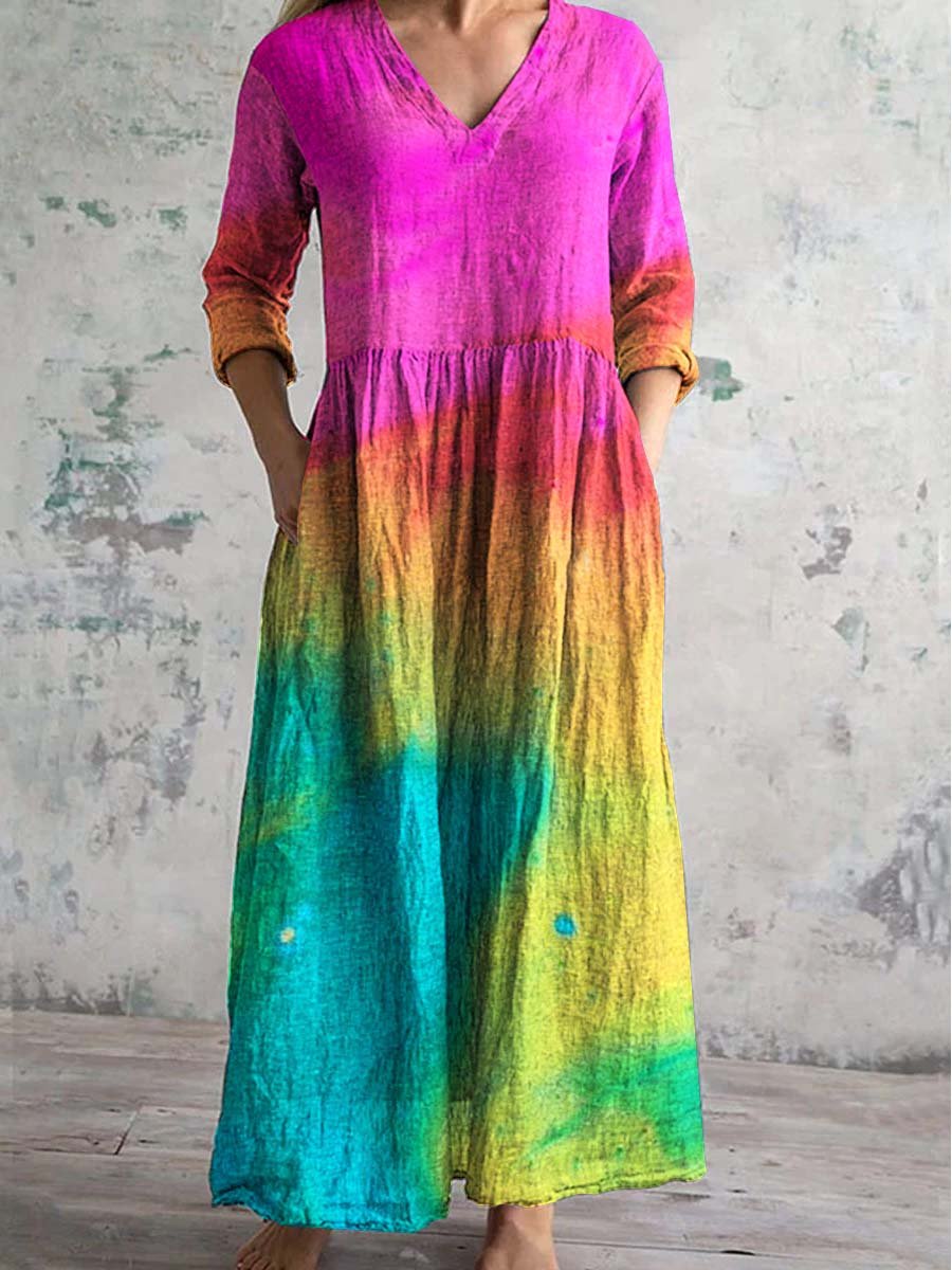 Women's V-Neck Rainbow Gradient Pattern Dress with Pockets