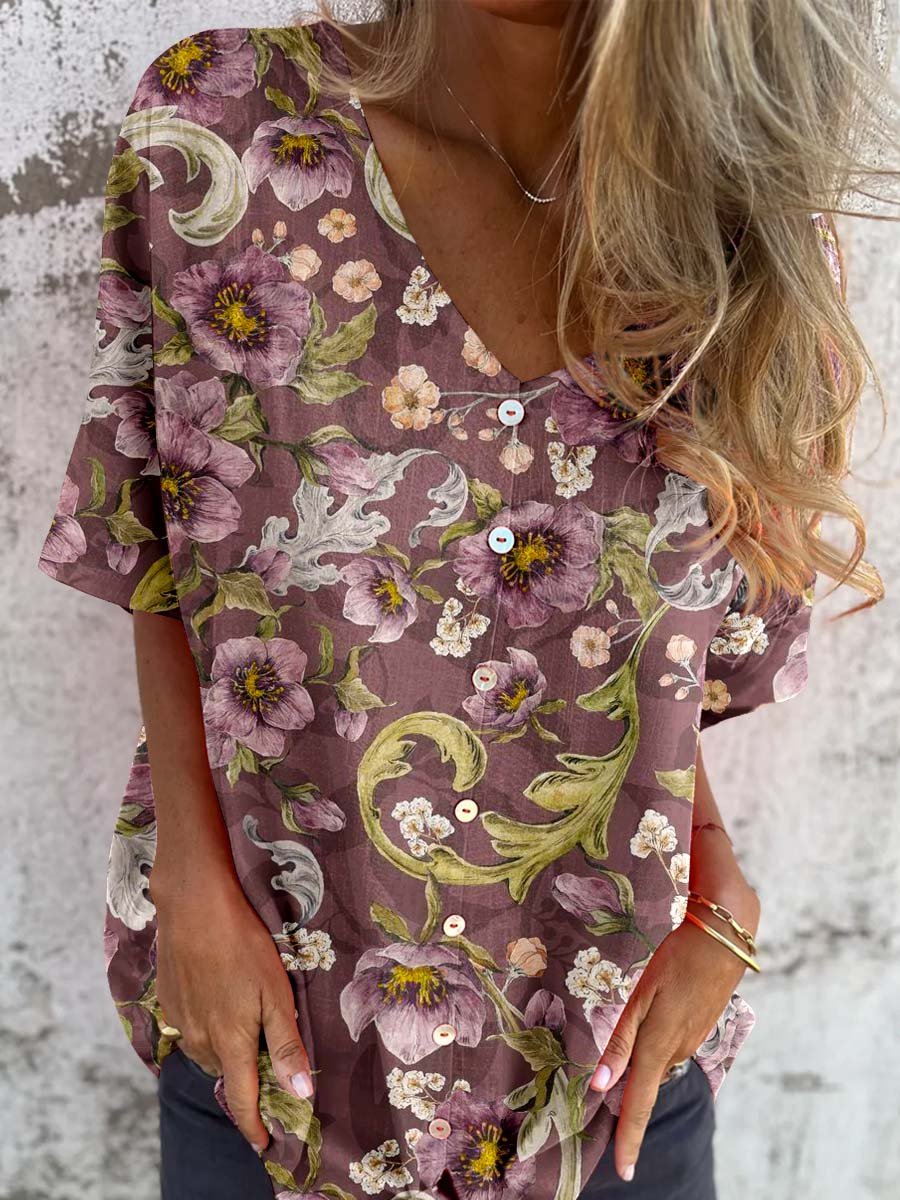 Women's Summer Morning Glory V-Neck Shirt-Style Cotton and Linen Top