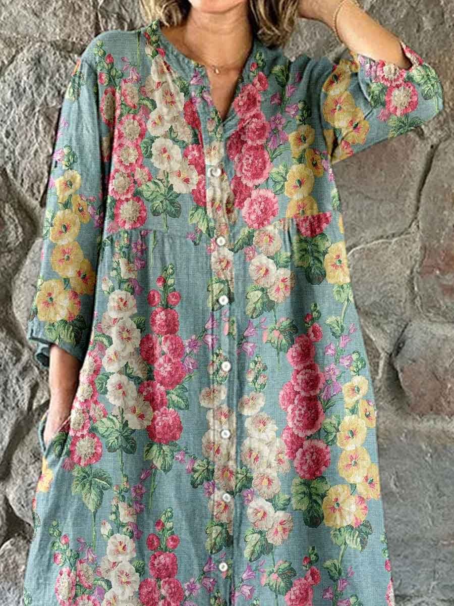 Women's Elegant Vintage  Floral Print Shirt Style Cotton and Linen Dress