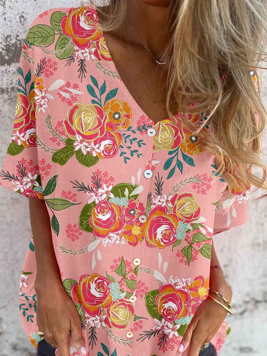 Women's Elegant Floral Pattern Shirt Style Cotton and Linen Top