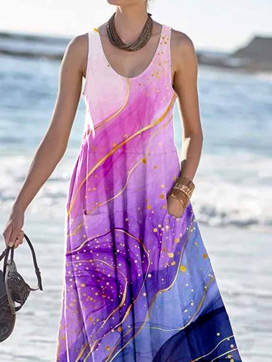 Women's Colorful Inkjet Pattern Printed Vest With Pockets Vacation Casual Dress