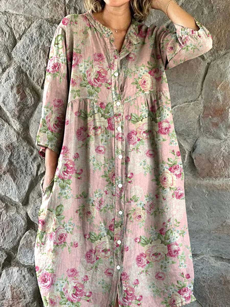 Women's Rose Floral Print Elegant Simple Shirt Cotton and Linen Dress