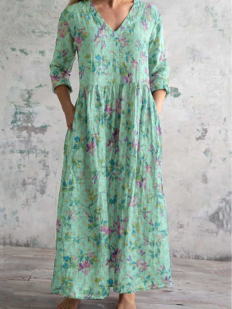 Women's Pastoral Floral V-Neck Cotton and Linen Dress with Pockets