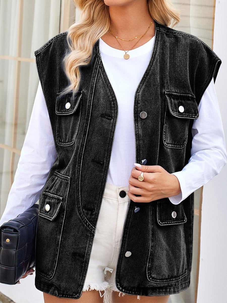 Women's Distressed Multi-Pocket Denim Vest