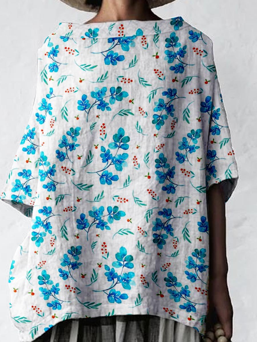 Women's Elegant Floral Pattern Cotton and Linen Top