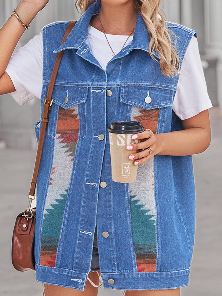 Women's Retro Geometric Colorblock Denim Vest