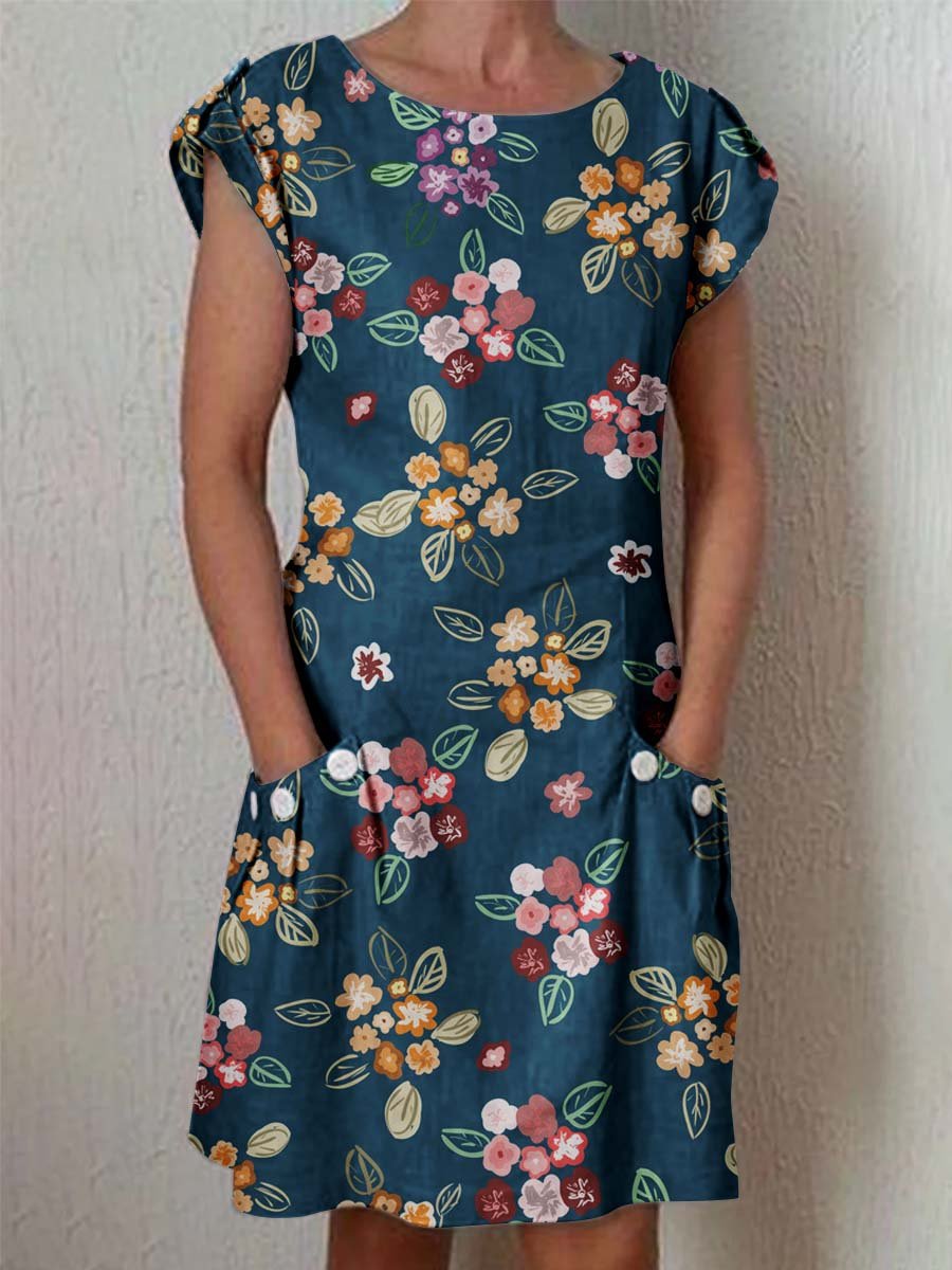 Women's Elegant Floral Cotton and Linen Dress