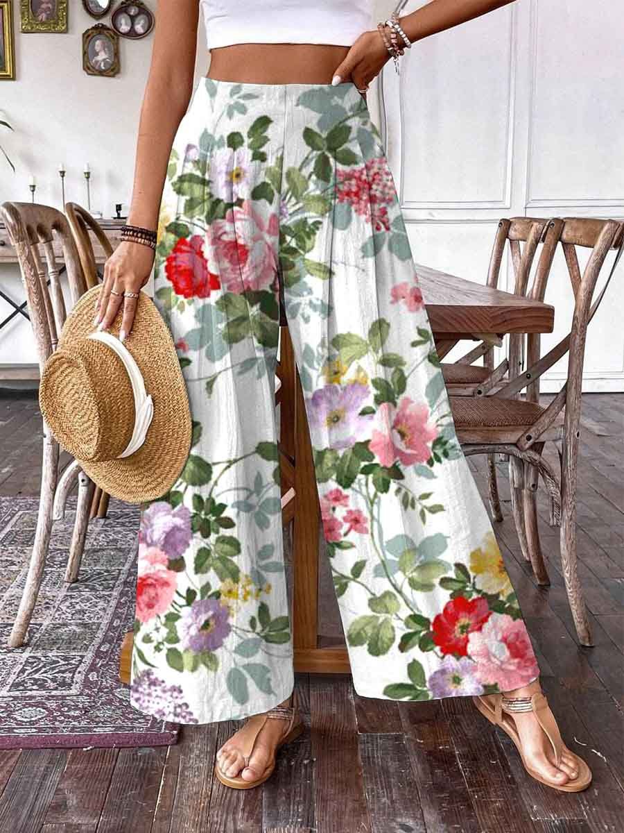 Women's Rose Floral Pattern Cotton and Linen Pants