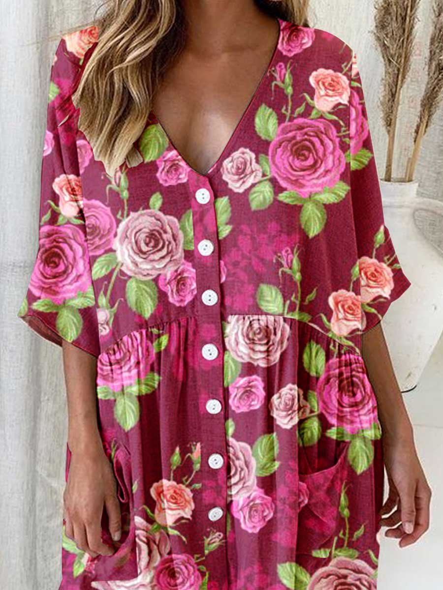 Women's Elegant Rose Floral Pattern V-Neck Cardigan Cotton and Linen Dress