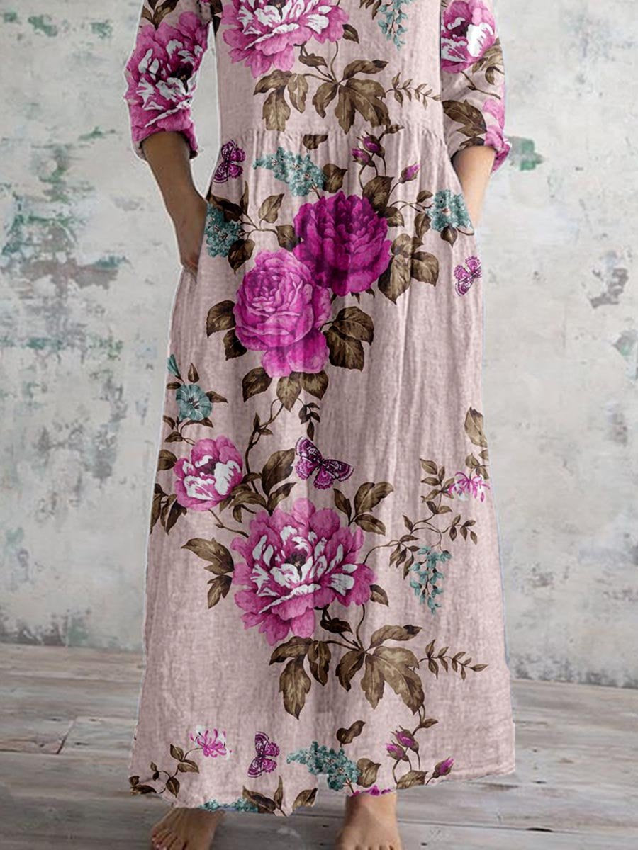 Women's Elegant Rose Floral Pattern V-Neck Cotton and Linen Dress with Pockets