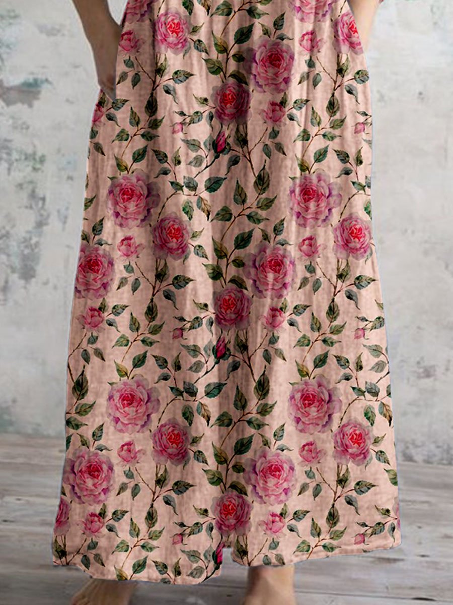 Women's Elegant Vintage Floral Pattern Cotton Dress With Pockets