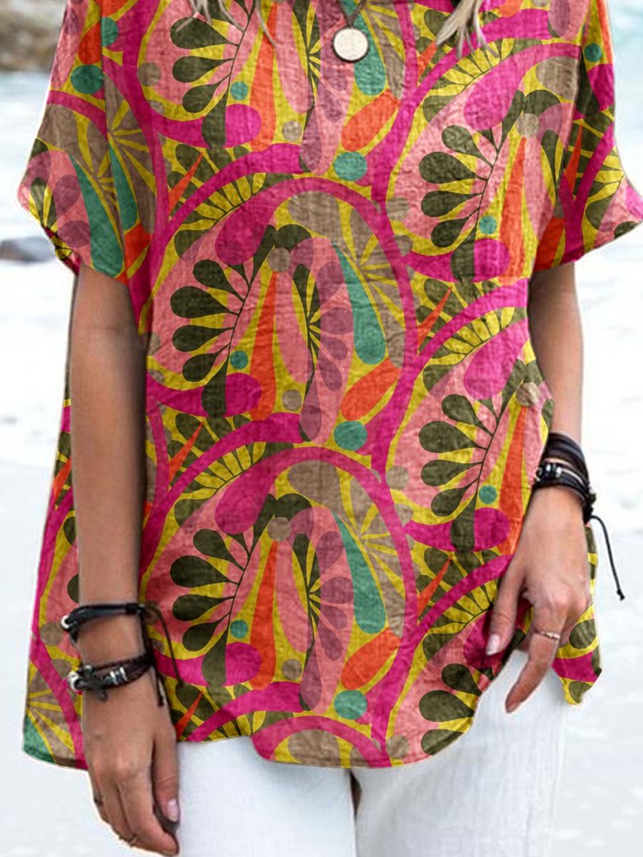 Women's Artistic Colorful Geometric Pattern Round Neck Cotton And Linen Top