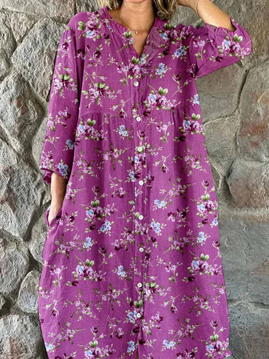 Women's Elegant Simple Floral Pattern Shirt Style Cotton and Linen Dress