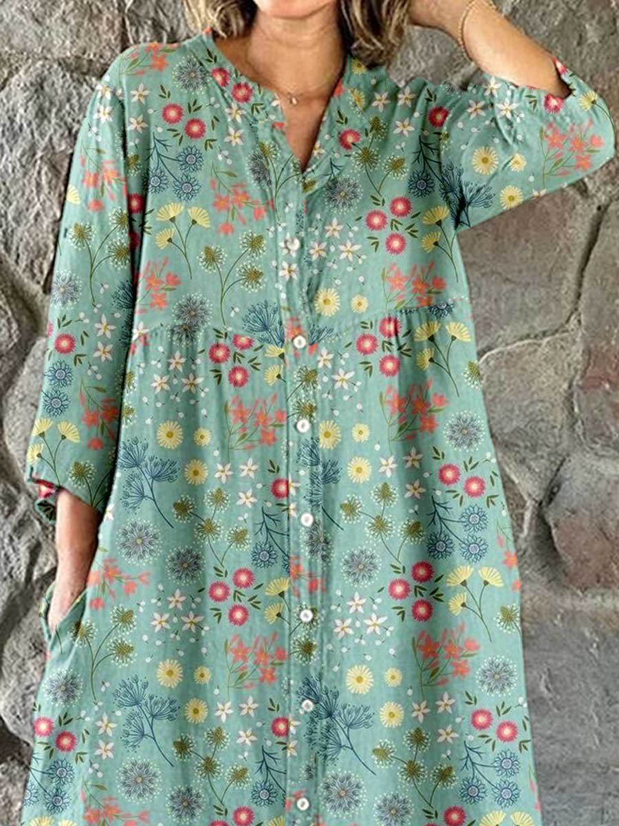 Women's Elegant Floral Shirt Style Cotton and Linen Dress