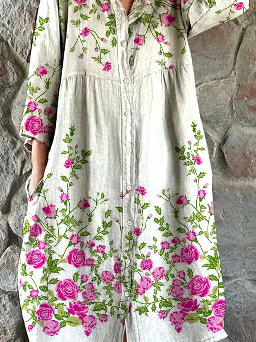 Women's Floral Art Print Cotton and Linen Shirt Dress